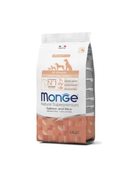 Monge Câini Superpremium Toate Rasele Puppy – Somon & Orez 1 Hrana caini juniori cu somon si orez, completa superpremium, care satisface nevoile specifice a catelusului mic pana la 12 luni.