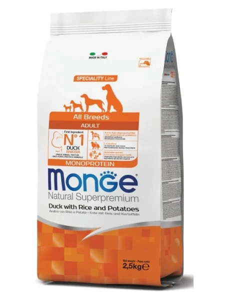 Monge Câini Superpremium Toate Rasele – Rață, Orez & Cartofi pentru Adulți 2,5 kg 1 Hrană completă și echilibrată pentru câini adulți de toate taliile, cu rață, orez și cartofi