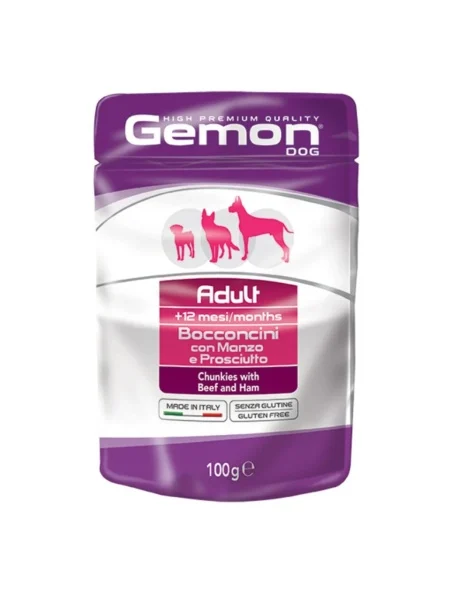 Gemon Câini Plic Adult cu Vită și Șuncă – Bucăți în Sos 100g - 24 BUC/BAX 1 Hrană umedă pentru câini adulți Gemon Pouch cu vită și șuncă, 100g