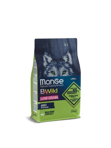 Monge Câini BWild Low Grain Toate Rasele – Mistreț pentru Adulți 1 Hrană cu mistreț și conținut scăzut de cereale pentru câini adulți.