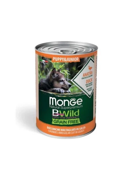 Monge Câini BWild Grain Free Puppy & Junior cu Rață, Dovleac și Dovlecel – Bucăți 400g - 24 BUC/BAX 1 Monge BWild Junior Rață, Dovleac & Zucchini 400gr - hrană uscată fără cereale pentru juniori