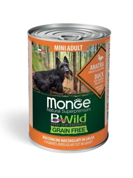 Monge Câini BWild Grain Free Mini Adult cu Rață, Dovleac și Dovlecel – Bucăți 400g - 24 BUC/BAX 1 Monge Câini BWild Grain Free Mini Adult cu Rață, Dovleac și Dovlecel – Bucăți 400g - 24 BUC/BAX