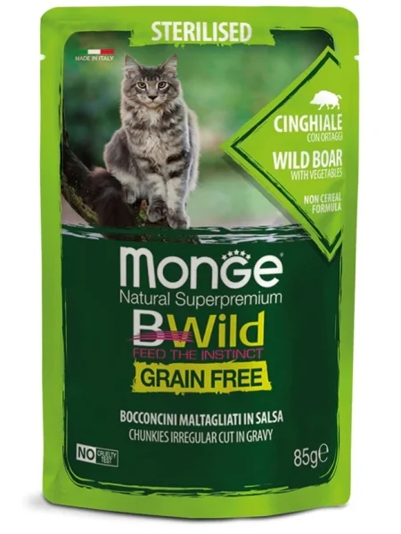 Monge Pisici BWild Grain Free Bucăți Sterilised cu Mistreț și Legume – 85g - 28 buc/bax 1 Monge Pisici BWild Grain Free Bucăți Sterilised cu Mistreț și Legume – 85g - 28 buc/bax
