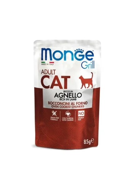 Monge Pisici Superpremium Plic Bucăți Adult cu Miel – 85g - 28 BUC/BAX 1 MONGE CAT Grill Miel 85g - hrană umedă cu miel pentru pisici adulte
