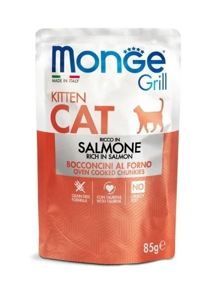 Monge Pisici Superpremium Plic Bucăți Kitten cu Somon – 85g - 28 BUC/BAX 1 Monge Grill Kitten Somon Plic 85g - hrană umedă fără cereale pentru pisicuți