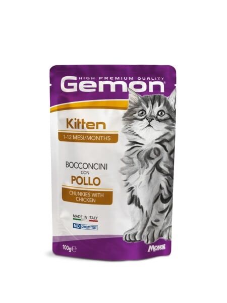 Gemon Pisici Plic Kitten cu Pui – Bucăți în Sos 100g - 24 BUC/BAX 1 gemon cat pouches chunkies kitten chicken 100g hrană umedă pisoi