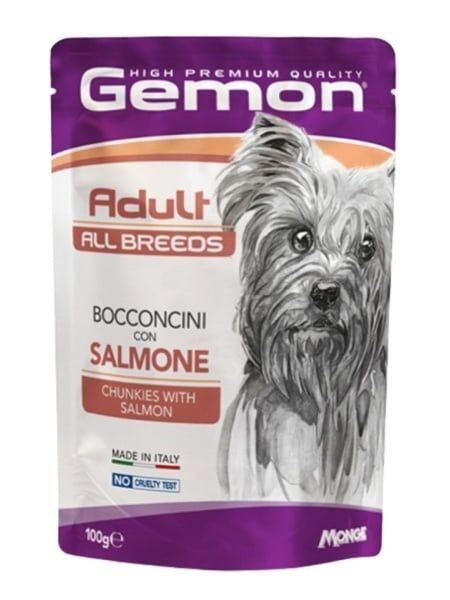 Gemon Câini Plic Adult cu Somon – Bucăți în Sos 100g - 24 BUC/BAX 1 gemon d pouches chunkies adult salmon 100g hrana umeda caine adult
