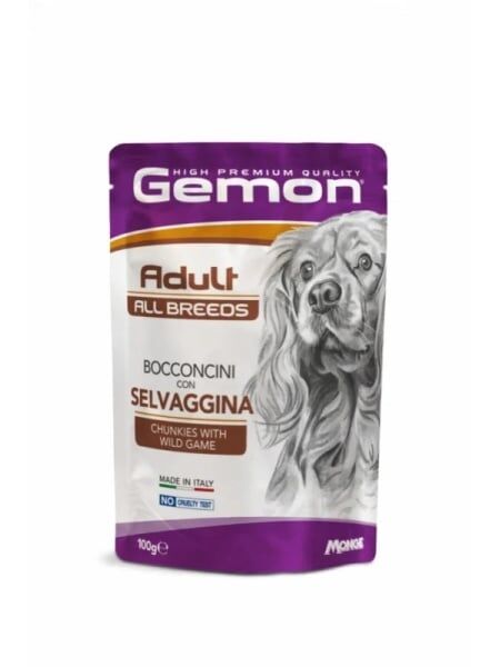 Gemon Câini Plic Adult cu Vânat – Bucăți în Sos 100g - 24 BUC/BAX 1 gemon d pouches chunkies adult wild game 100g hrana umeda caine