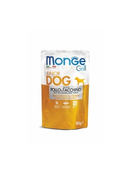 Monge Câini Superpremium Plic Puppy & Junior cu Pui și Curcan – 100g - 24 BUC/BAX 1 monge d sprem puppy junior chicken turkey pouch 100g hrana umeda catei crem