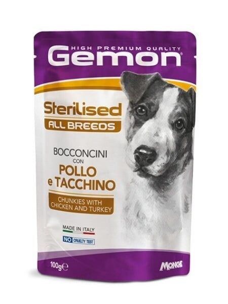Gemon Câini Plic Sterilised cu Pui și Curcan – Bucăți în Sos 100g - 24 BUC/BAX 1 gemon sterilised chunkies chicken turkey 100g hrană umedă câini sterilizați