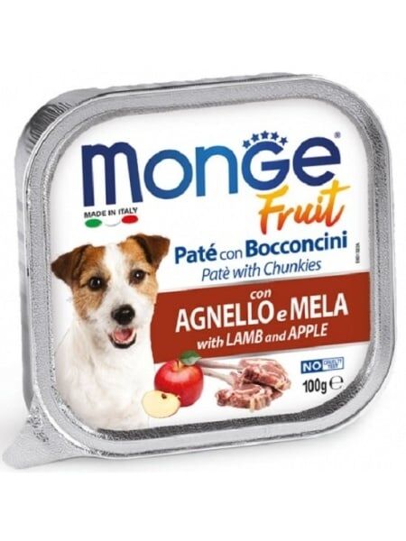 Monge Câini Superpremium Paté cu Bucăți de Miel și Măr – 100g - 32 BUC/BAX 1 monge fruit lamb apple 100g paté chunkies hrană umedă câini