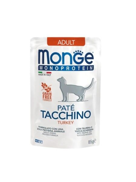 Monge Pisici Superpremium Plic Paté Adult cu Curcan – 85g - 28 BUC/BAX 1 monge monoprotein paté turkey 85g hrană umedă pisici cu sensibile