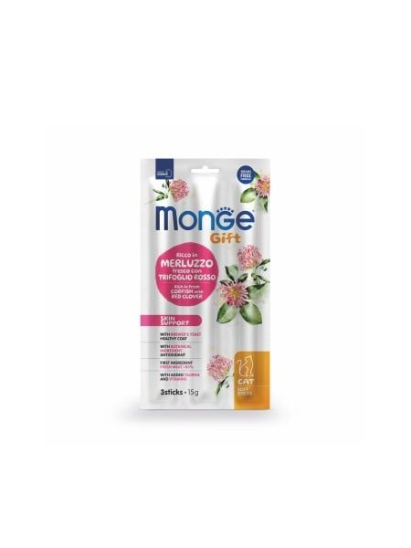 Monge Pisici Gustare Soft Sticks Susținere Piele cu Cod și Trifoi Roșu – 15g - 35 BUC/BAX 1 monge cat gift skin support codfish red clover 15g snack pisici piele blana