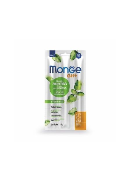 Monge Pisici Gustare Soft Sticks Sterilised cu Rață și Roiniță – 15g - 35 BUC/BAX 1 monge cat gift soft sticks steril duck lemon balm 15g snack pisici sterilizate