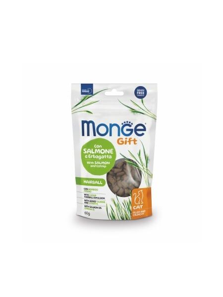 Monge Pisici Gustare Umplută și Crocantă Hairball cu Somon și Catnip – 60g - 10 BUC/BAX 1 monge cat gift hairball crunchy somon catina 60g snackuri crocante pisici