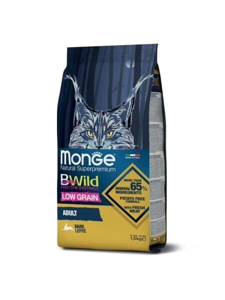 Monge Pisici BWild Low Grain Adult cu Iepure - 1,5 kg 1 monge pisici bwild low grain adult iepure 1.5kg hrană pisici